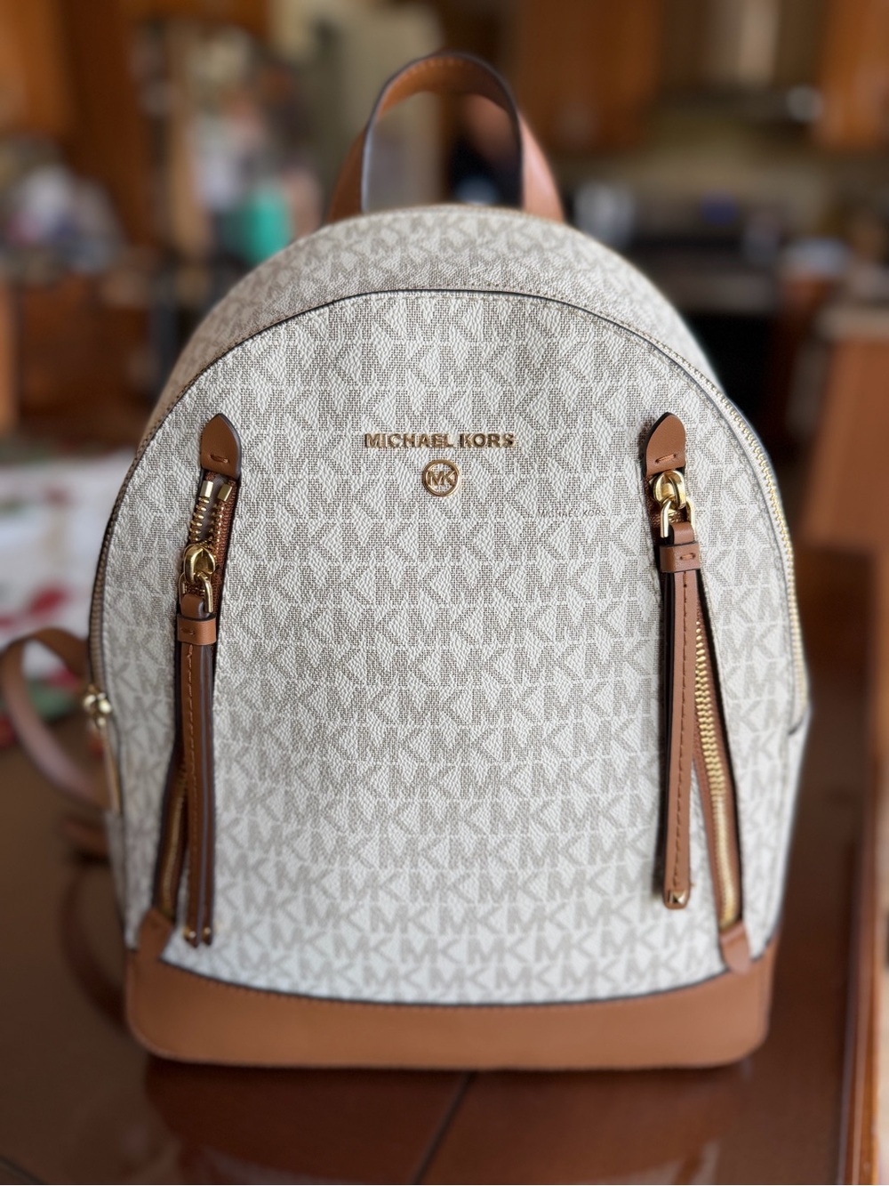 Michael Kors Cream MK Logo Canvas Backpack with Brown Leather Trim